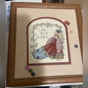 vintage Cross-Stitch Snowman with quilt and heart Rare Framed Christmas N19